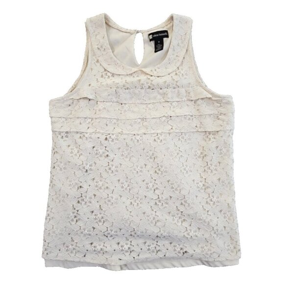 Valerie Bertinelli Tops - Valerie Bertinelli Ivory Floral Lace Overlay Top Women's Medium Peter Pan Collar